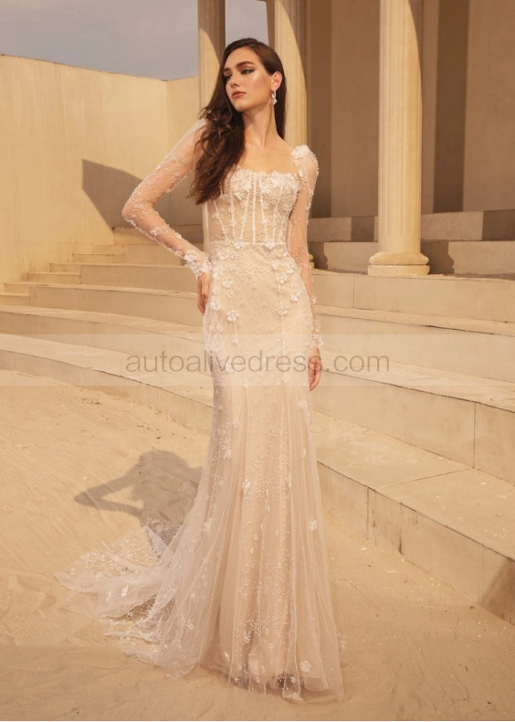 Square Neck Beaded Lace Tulle Fairy Wedding Dress